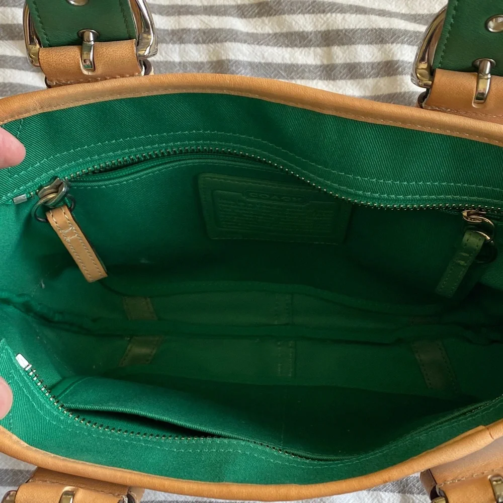 Coach Light Blue and Navy Leather Shoulder Tote with Tan Handles